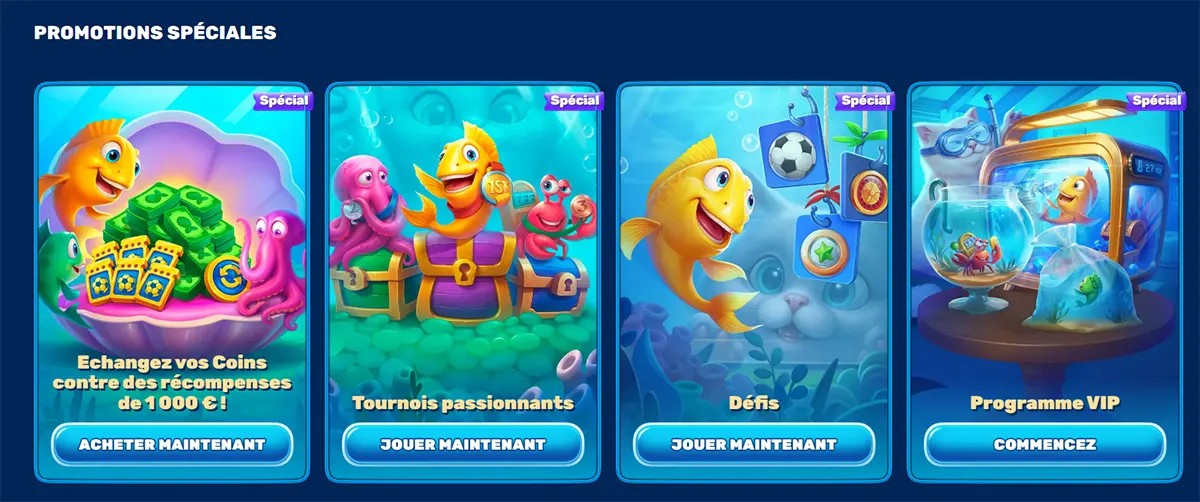 Special promotions section (French localisation) with underwater-themed cards featuring a cartoon fish mascot, highlighting offers like exchanging coins for rewards, tournois passionnants (tournaments), défis (challenges), and a programme VIP, each with CTA buttons such as “Acheter maintenant,” “Jouer maintenant,” and “Commencez”