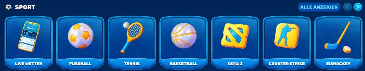 Sports section (German localisation) displaying category tiles for Live Wetten (live betting), Fussball, Tennis, Basketball, Dota 2, Counter-Strike, and Eishockey, each represented by a clean icon, with an “Alle anzeigen” (Show All) option for more categories
