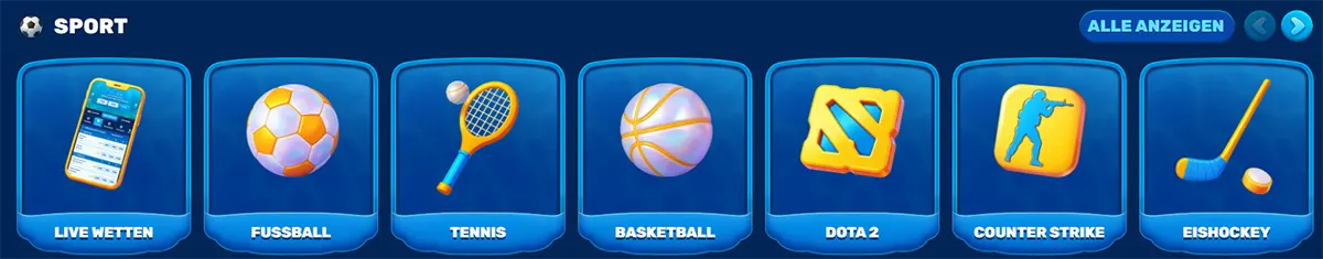 Sports section (German localisation) displaying category tiles for Live Wetten (live betting), Fussball, Tennis, Basketball, Dota 2, Counter-Strike, and Eishockey, each represented by a clean icon, with an “Alle anzeigen” (Show All) option for more categories
