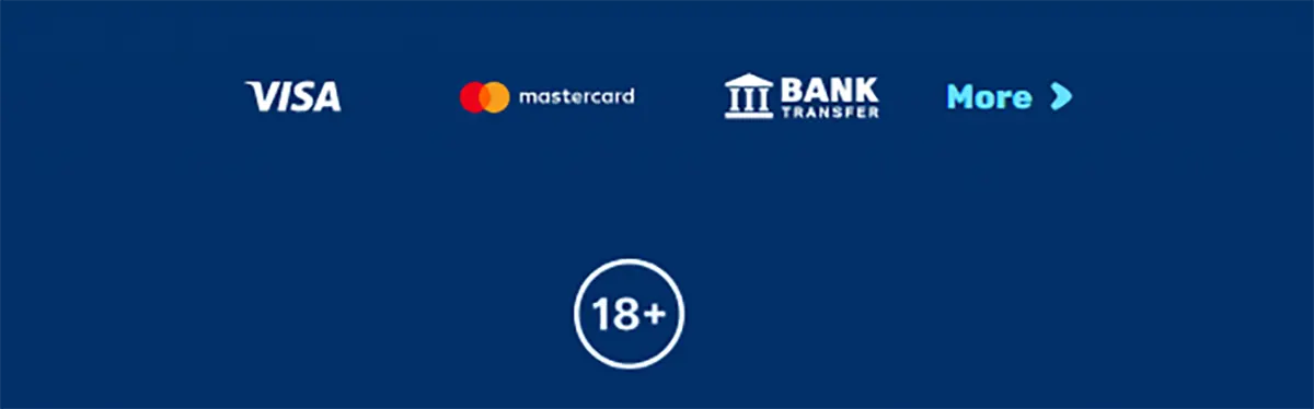 Footer-style payment section showing Visa, Mastercard, and bank transfer options, with a “More” link for additional methods and a centered 18+ age restriction badge on a blue background